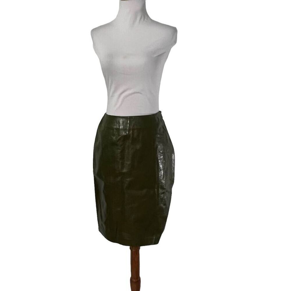Vintage 80s Linda Allard for Ellen Tracy Olive Green Leather skirt 4 Petite - Picture 6 of 8
